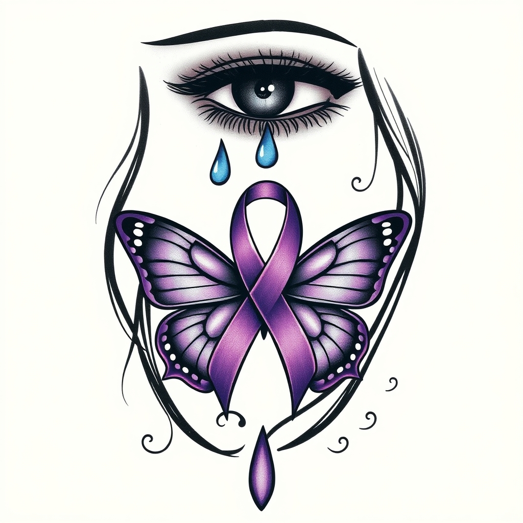 A tattoo design of A tear running down a woman's face with a domestic violence ribbon and a purple butterfly entwined together in the style of traditional. - domestic violence awareness tattoo design generated by AI tattoo generator