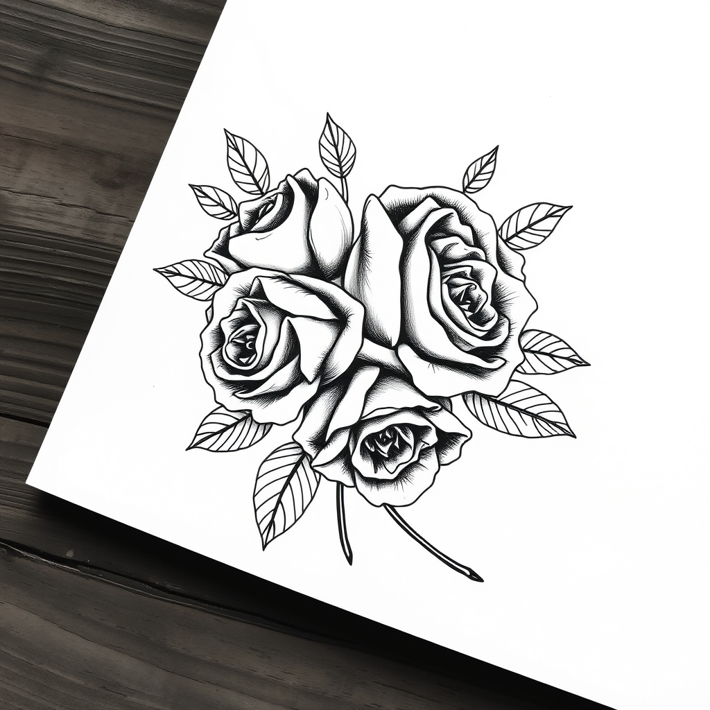 A tattoo design of b/w vintage bouch of rosews on white paper in the style of blackwork. - flowers tattoo design generated by AI tattoo generator