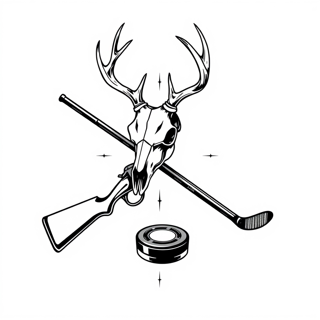 A tattoo design of a deer skull on top of the x of a lever action rifle and a hockey stick all blackout with with a white background with a hockey puck on the bottom of the x in the style of realistic. - hunting sports tattoo design generated by AI tattoo generator