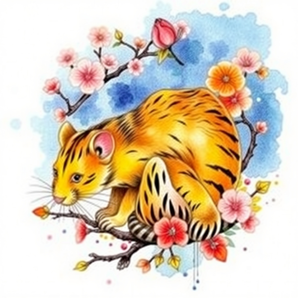 A tattoo design of [ RAT ]        o°       /| \      / |  \  ~ ~ ~~~~📘 Blue wash behind ~ ~ ~   🌸   branch   🌸   blossoms around         |    (diagonal branch)         |      [MONKEY]       😄  🐒      --|   /  Watercolor splash        /   \  in yellow/gold     🌸       🌸         |         |     [TIGER]      🐯 crouched, tail curved     /🐾\     Lavender fade ↓ red-orange 🌺        |      branch with ✿ bud        |  [Closed Bud]  (future space)    gray-lavender wash        |    Petals drifting down... in the style of watercolor. - animals tattoo design generated by AI tattoo generator