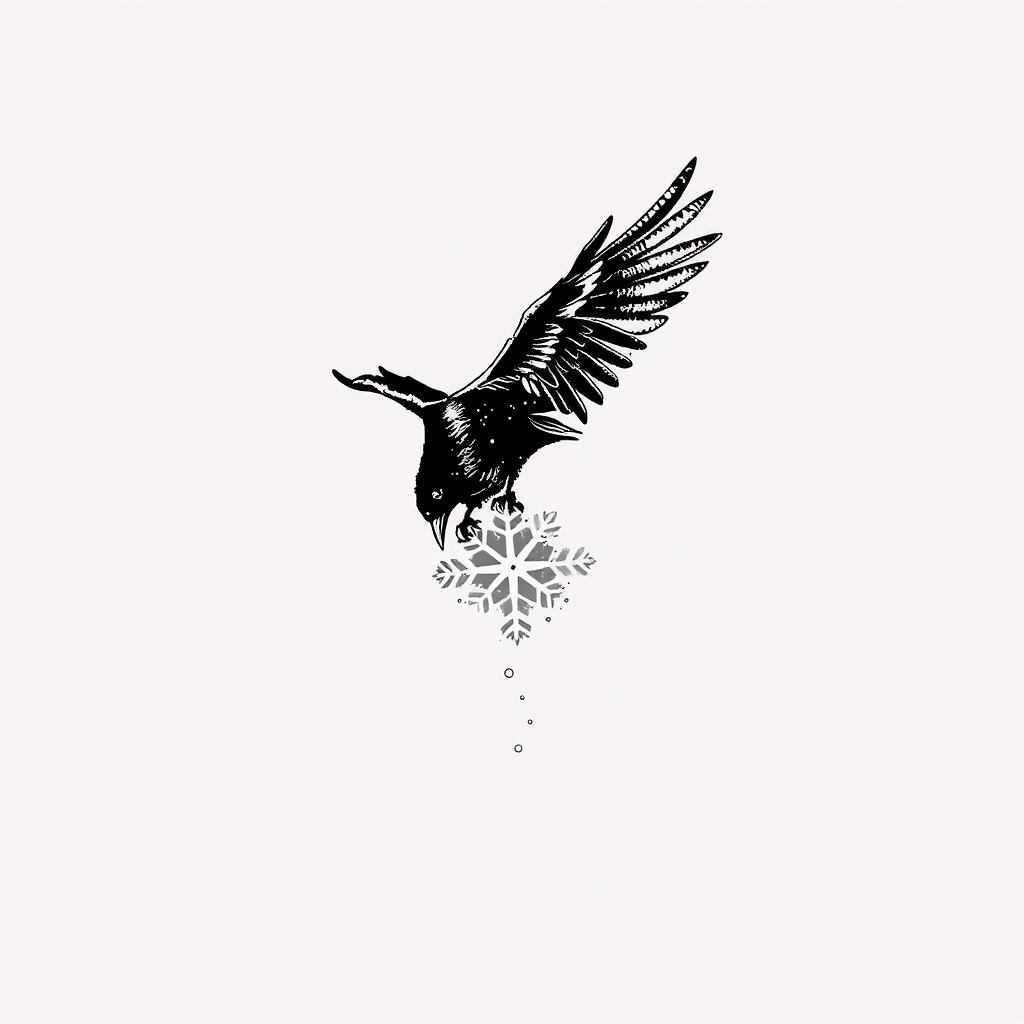 A tattoo design of Can you create a visual representation of my tattoo concept and generate the image in black and white, including subtle shading or grayscale details for depth ? A minimalistic yet detailed tattoo design of a black raven taking off from a delicate white snowflake, with the snowflake breaking into fine, detailed snow dust. The raven is mid-flight, wings spread gracefully, and the snowflake beneath its claws is disintegrating into soft, intricate snow particles to emphasize motion and lightness. The lines are fine and clean, balancing realism and simplicity for a small, elegant tattoo. The design is subtle but expressive, ideal for a discreet and symbolic piece. in the style of realistic. - bird in snow tattoo design generated by AI tattoo generator