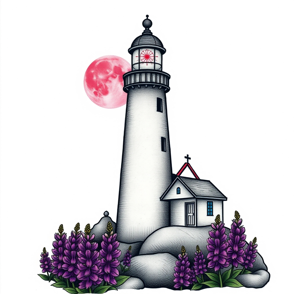 A tattoo design of lighthouse beside a chapel with a pink moon an purple lupines in the style of traditional. - landmark architecture tattoo design generated by AI tattoo generator