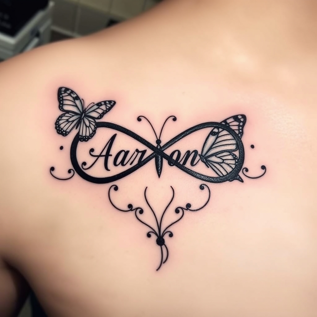 A tattoo design of Infinity symbol with the name Aaron and butterfly in the style of blackwork. - symbol with name tattoo design generated by AI tattoo generator