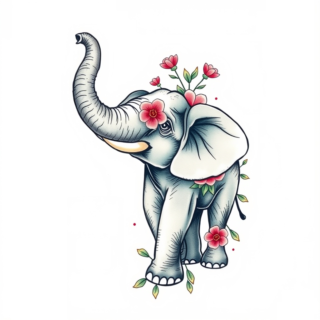 A tattoo design of elephant with trunk pointing up with flowers in the style of watercolor. - animal tattoo design generated by AI tattoo generator
