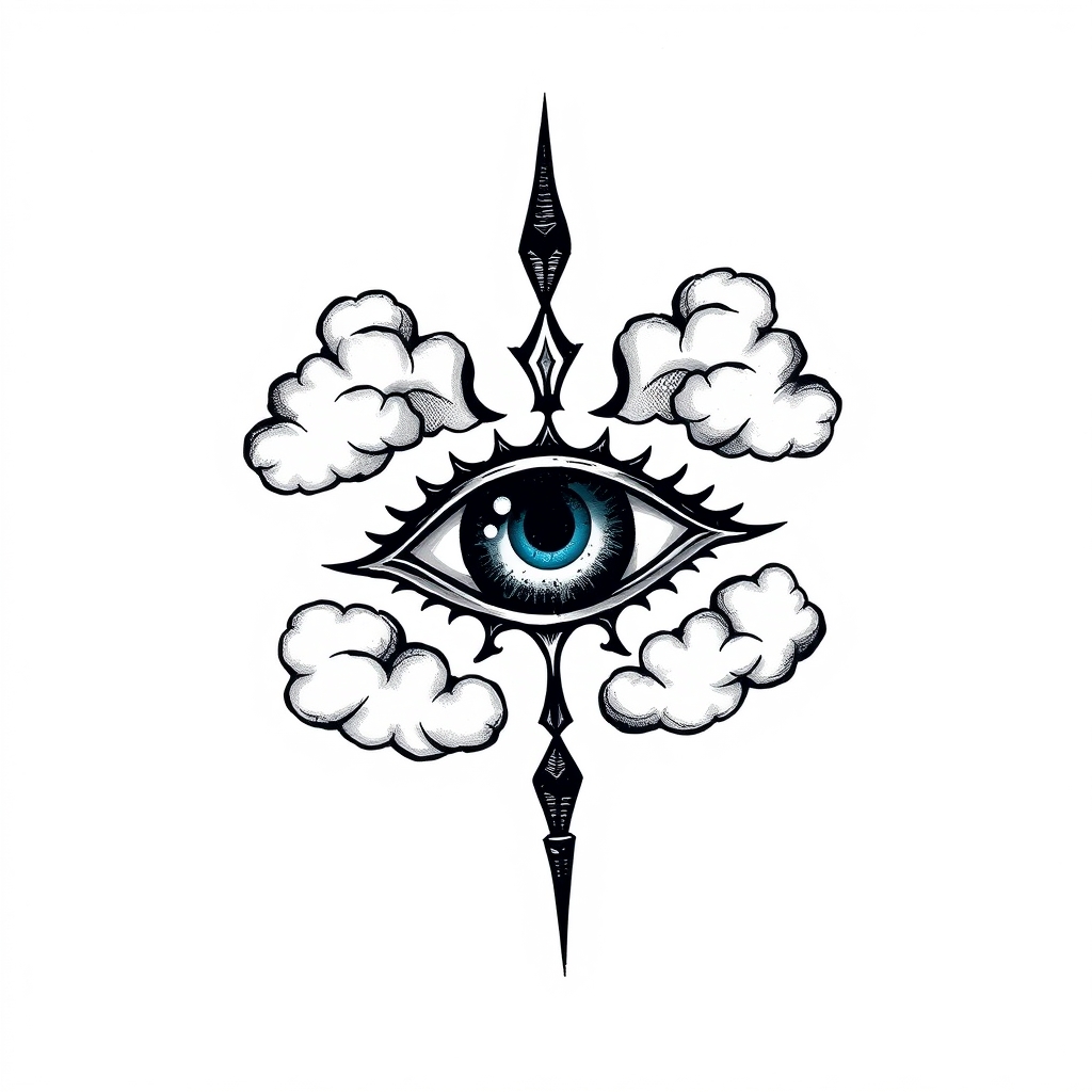 A tattoo design of Evil Eye with clouds in the style of realistic. - evil eye tattoo design generated by AI tattoo generator