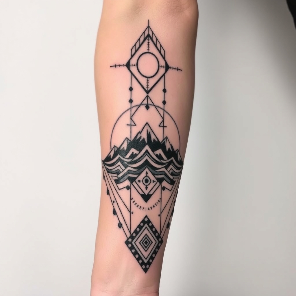 A tattoo design of Long Masculine peruvian tattoo for a forearm with mountains in the style of geometric. - mountain landscape tattoo design generated by AI tattoo generator