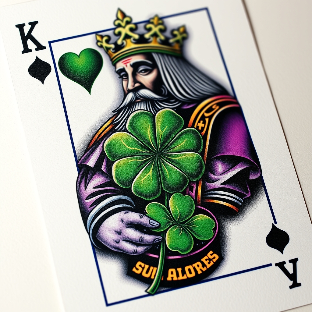 A tattoo design of I would like a 3 dimensional photo realistic playing card, an African American king of 4 leaf clovers, with black, green, and purple ink, maybe some white ink for highlighting. NO red ink. in the style of blackwork. - playing card tattoo design generated by AI tattoo generator
