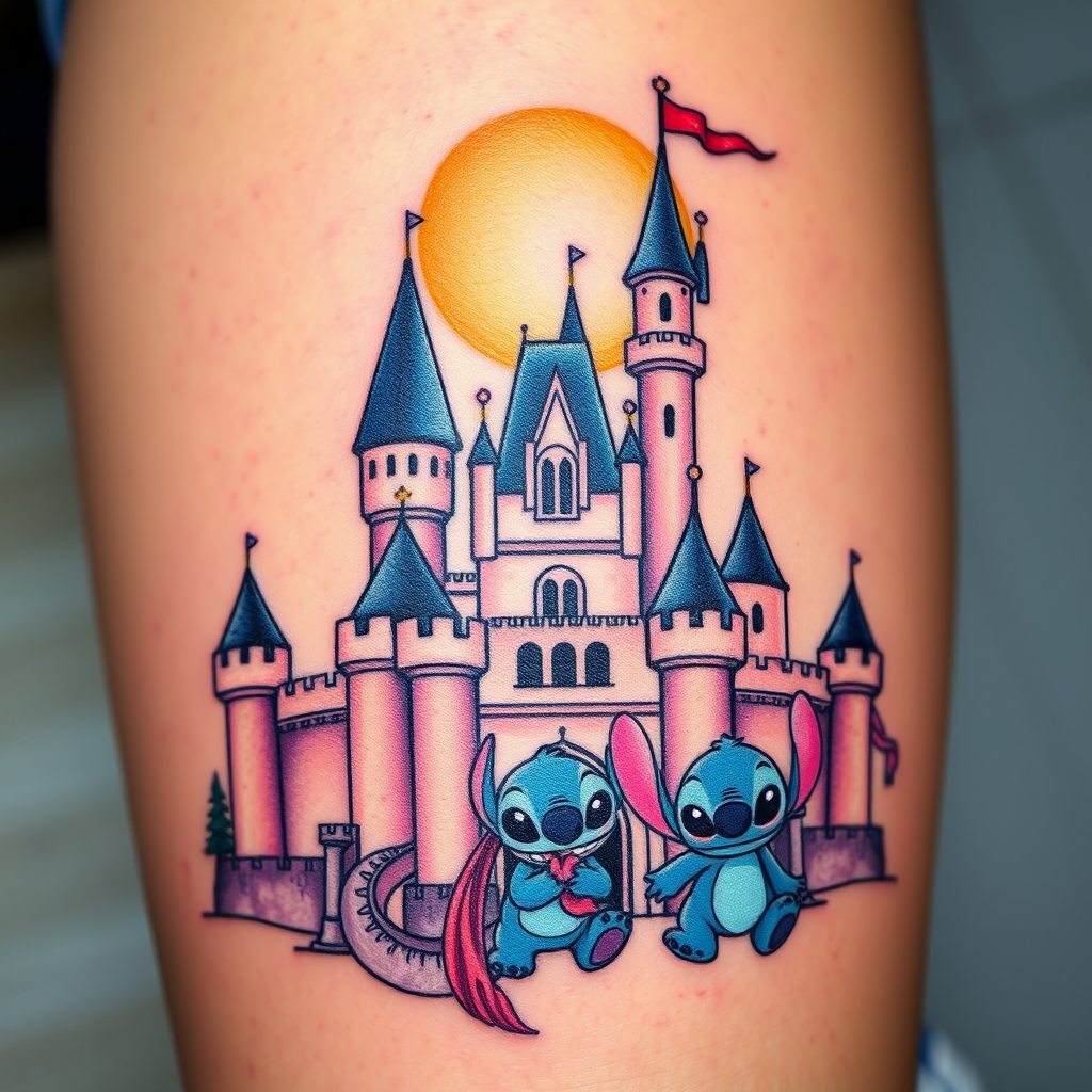 A tattoo design of Castello disney con sole linee di contorno, con treccia di rapunzel intorno ad una delle torri, in primo piano, piccolo , stitch con in mano un palloncino a forma di topolino. Intorno al castello schizzi di colore tipo acquerello sui colori sfumati tra fucsia, lilla, blu, viola in the style of realistic. - disney castle tattoo design generated by AI tattoo generator