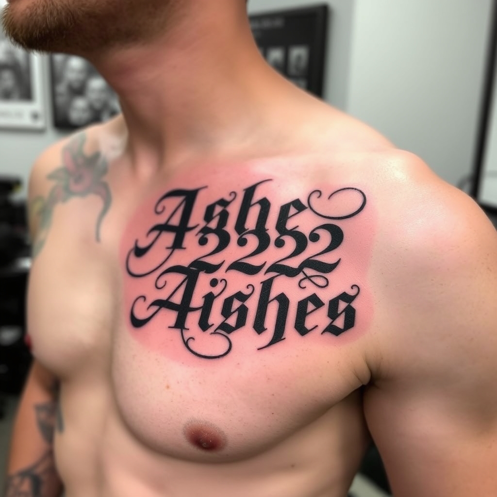 A tattoo design of Words "Ashes 222 Ashes" on left pectoralis in the style of blackwork. - words tattoo design generated by AI tattoo generator