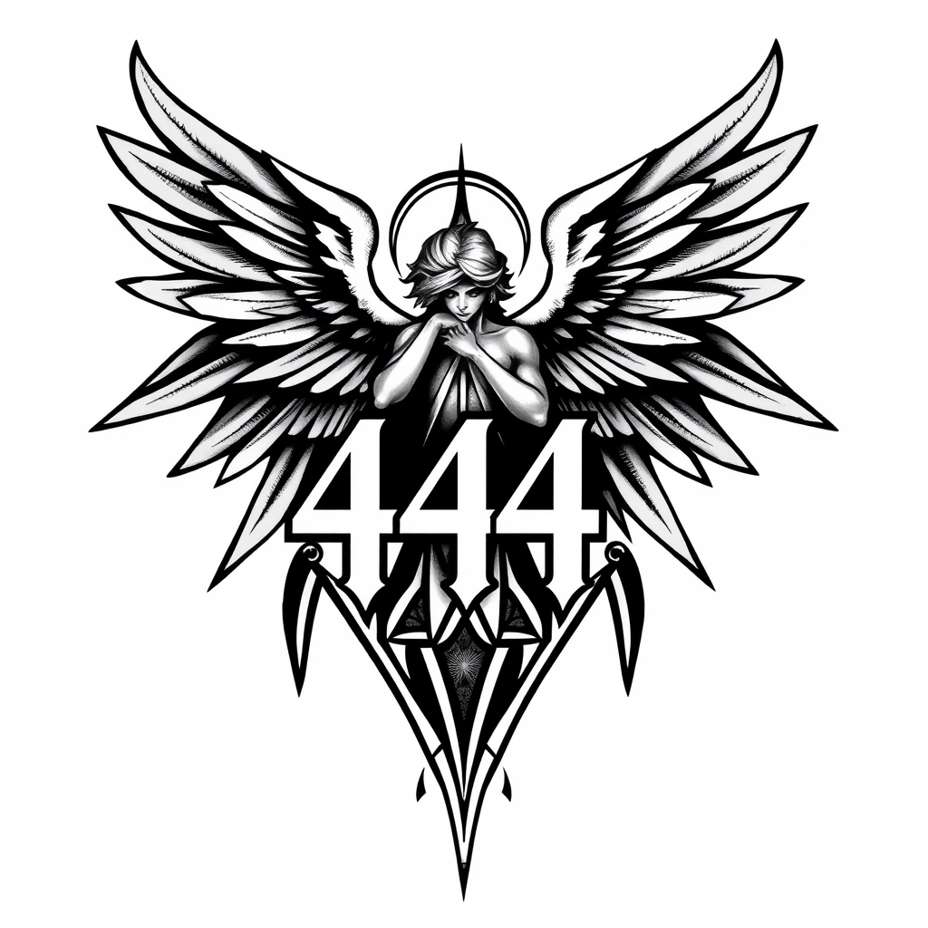 A tattoo design of Masculine angel with the number 444 in the style of geometric. - angels tattoo design generated by AI tattoo generator