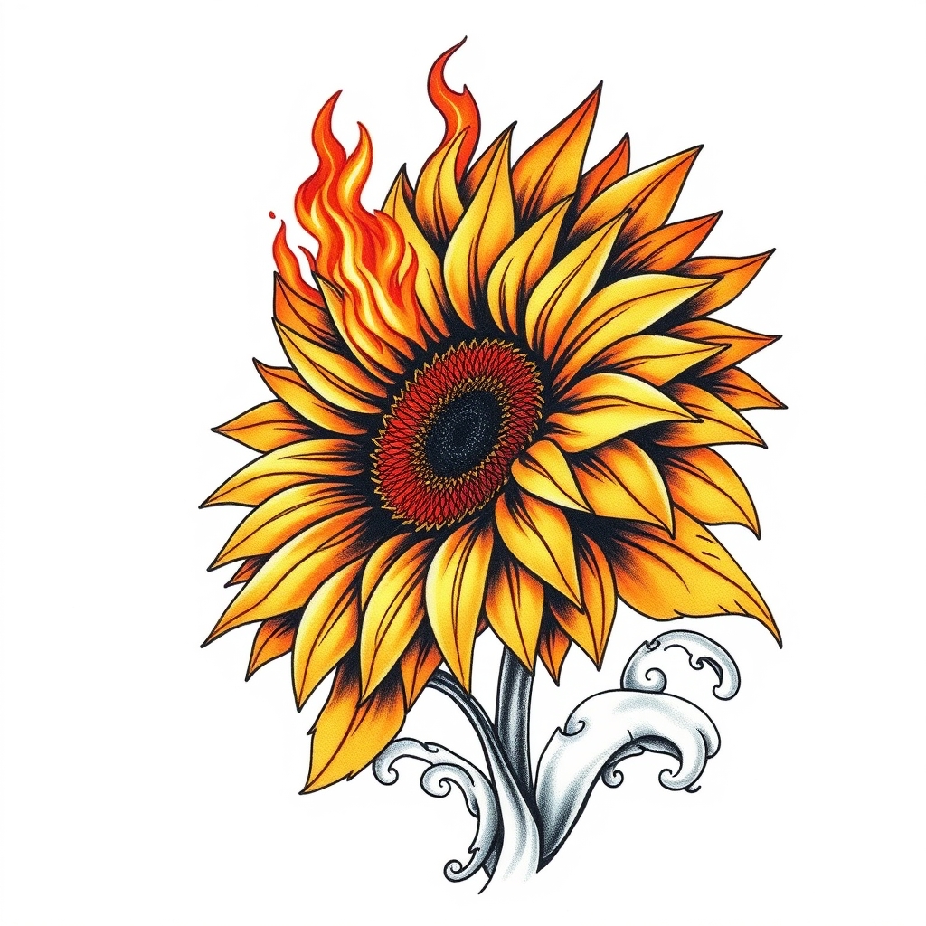 A tattoo design of Burning sunflower in ocean in the style of realistic. - ocean scene tattoo design generated by AI tattoo generator