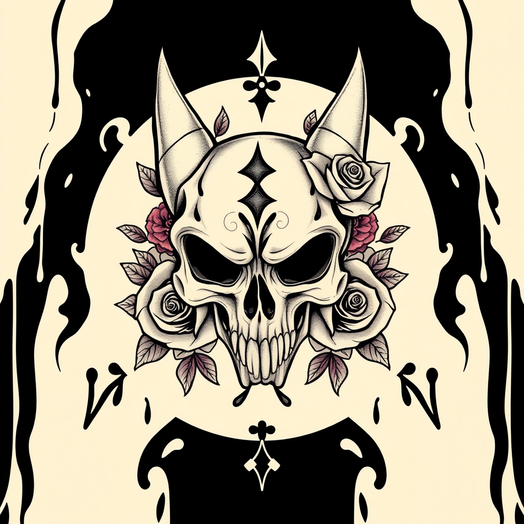 A tattoo design of POKEMON CUBONE SKULL WITH ROSES in the style of traditional. - pokemon tattoo design generated by AI tattoo generator
