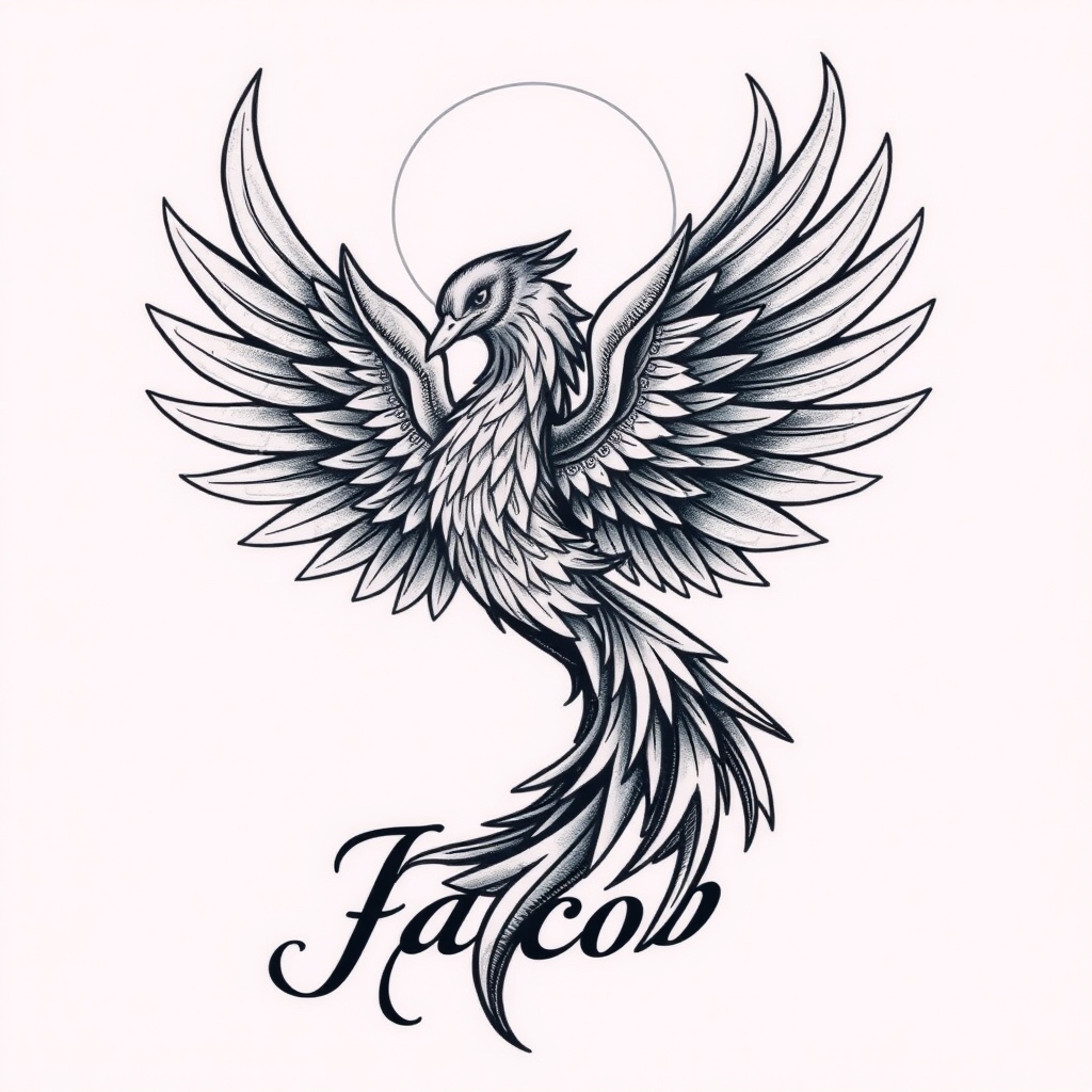 A tattoo design of Phoenix with the name jacob in the style of realistic. - mythical creature tattoo design generated by AI tattoo generator