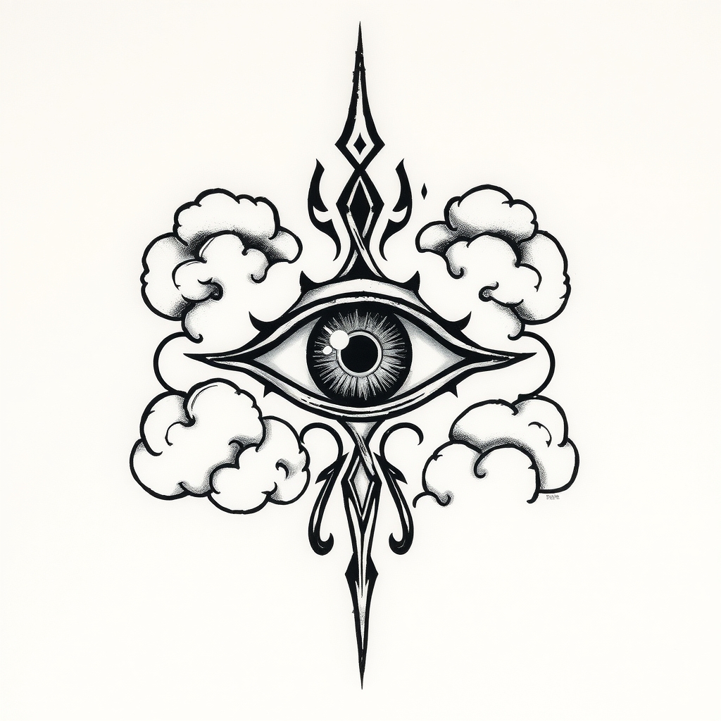 A tattoo design of Evil Eye with clouds in the style of tribal. - symbolic charm tattoo design generated by AI tattoo generator