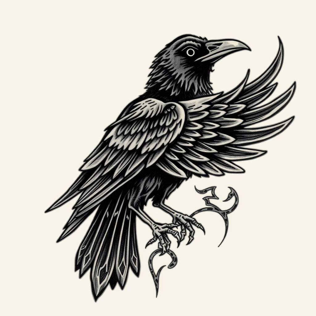 A tattoo design of Runic Raven in the style of surrealistic. - mythical creatures tattoo design generated by AI tattoo generator