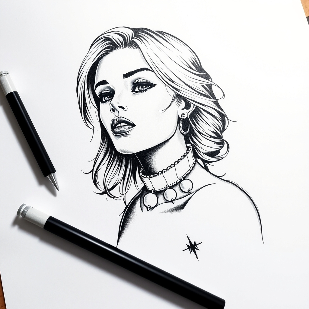 A tattoo design of b/w bdsm woman with collar on white paper in the style of realistic. - bdsm female portrait tattoo design generated by AI tattoo generator