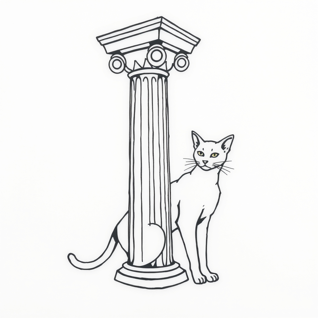 A tattoo design of Simple lined Greek pillar with a sleek cat stretching next to it  in the style of surrealistic. - greek architecture tattoo design generated by AI tattoo generator