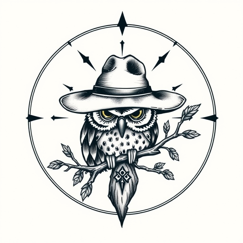 A tattoo design of Slim dusty hat owl compass gum tree in the style of realistic. - australian wildlife tattoo design generated by AI tattoo generator