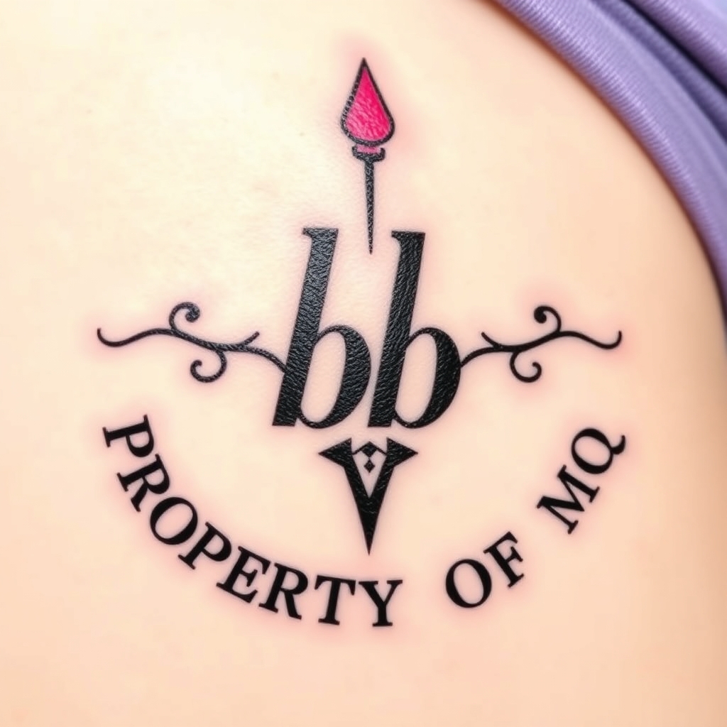 A tattoo design of symbol of being a  cuckold.  Black and pink are the colors. Name is bb.  Says PROPERTY OF MQ in the style of abstract. - domestic relationship status tattoo design generated by AI tattoo generator