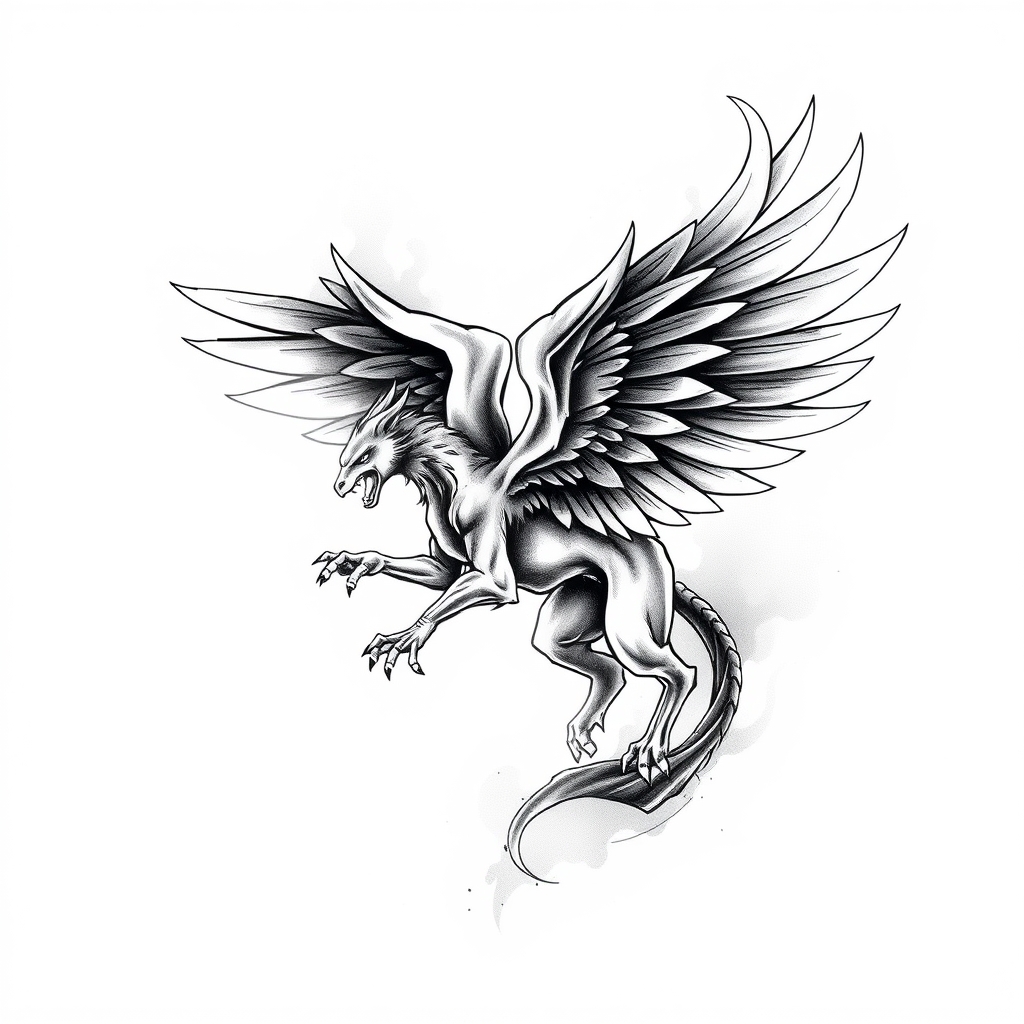 A tattoo design of A griffen made of smoke in flight in the style of abstract. - mythical creatures tattoo design generated by AI tattoo generator