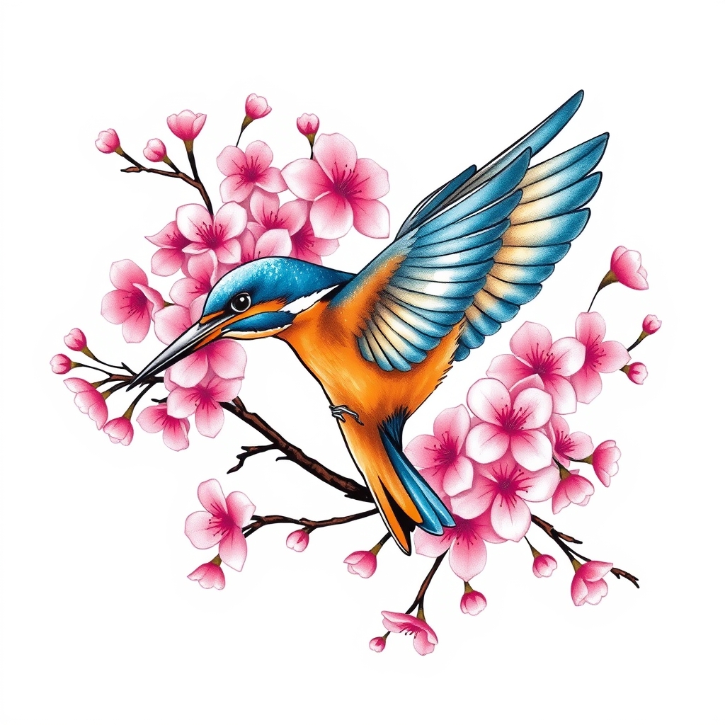 A tattoo design of blue and orange kingfisher in flight surrounded by large quantity of pink cherry blossoms in the style of minimalist. - animals and nature tattoo design generated by AI tattoo generator