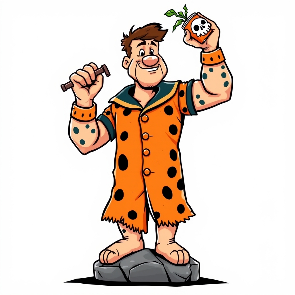 A tattoo design of Head & Face: Fred Flintstone’s rounded face and signature five o’clock shadow, but with Popeye’s squinty eye, pipe, and anchor tattoo on the forearm. Outfit Hybrid: A tattered sailor uniform with the orange and black spotted Flintstone tunic texture; the collar and buttons echo Popeye’s uniform, but made out of rough dino-hide. Arms: Massive, muscular forearms like Popeye’s, but one has a dinosaur skull tattoo instead of the anchor. Accessories: A can of "Spinachasaurus" instead of spinach, popping open with green dino-plant energy bursting out. 🔹 Pose: He’s standing triumphantly on a stone anchor, flexing one arm, while his other hand is hoisting up a big stone can of spinach in the style of traditional. - pop culture mashup tattoo design generated by AI tattoo generator