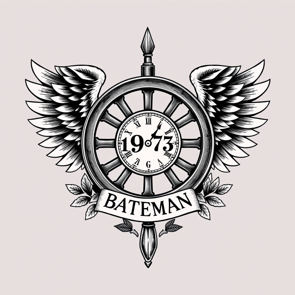 A tattoo design of classic winged wheel with an arrow, timepiece and 1974 motif, badge-crest with "BATEMAN", law enforcement, Father, protector, laurel branches in the style of realistic. - law enforcement badge tattoo design generated by AI tattoo generator