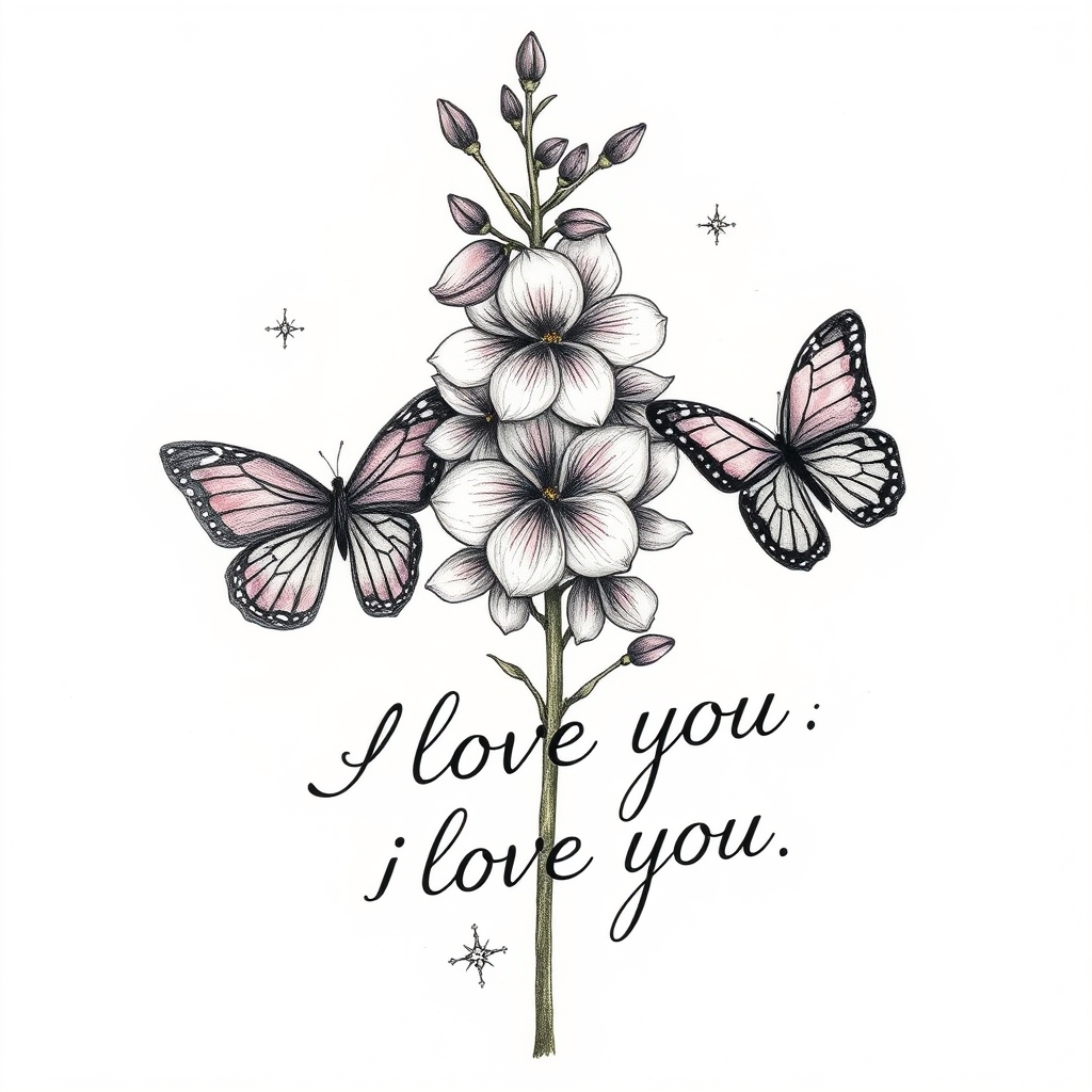 A tattoo design of Bloomed Larkspur with very little butterflies with I love you in cursive in the style of surrealistic. - flowers tattoo design generated by AI tattoo generator