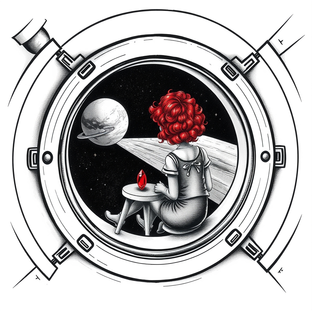 A tattoo design of Black and grey style. Redhead girl with curly hair sitting in a small space capsule alone. Floating through space with nothing to keep her company but a thing red ruby which she keeps on the small table by the porthole window. They are both sitting by the window peering out on an unknown planet. in the style of blackwork. - space travel tattoo design generated by AI tattoo generator