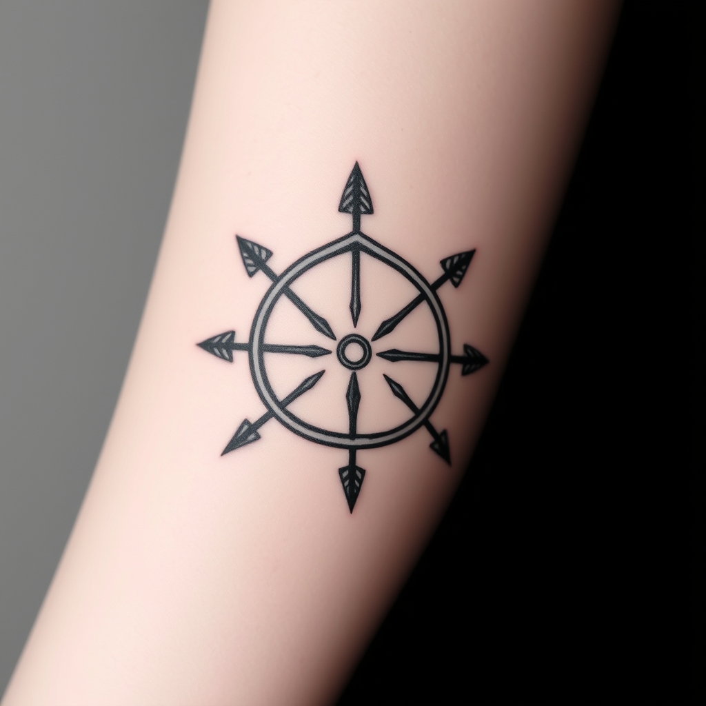 A tattoo design of a triskelion made from three interlocking bows and arrows in the style of minimalist. - celtic symbol tattoo design generated by AI tattoo generator