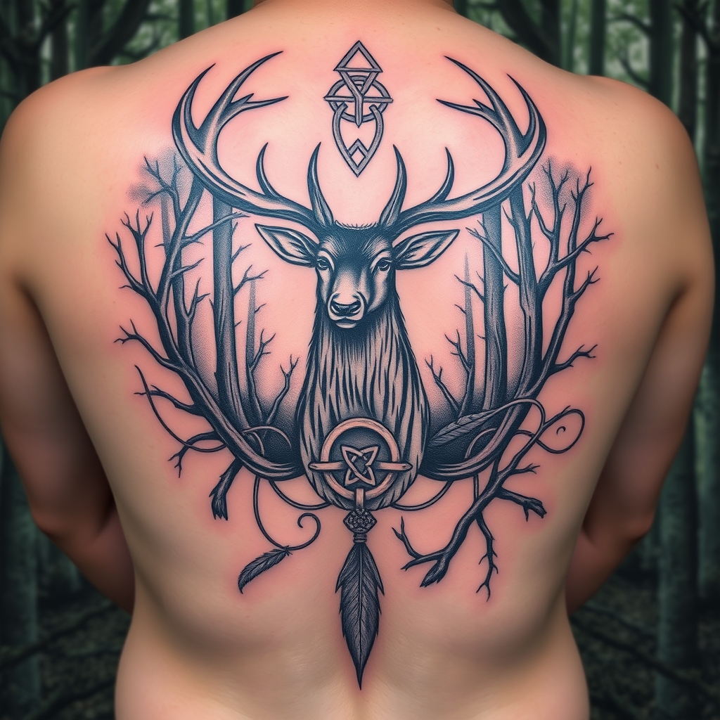 A tattoo design of Manly tattoo - A majestic Stag with Celtic symbolism - Triskeles and Claddagh rings and Celtic knots. Positioned in a dense Irish Forest. There is also some smaller details e.g. thorny branches, fallen feathers. looking to symbolise growth, and strength following periods of shame, regret and a mental health issues following a difficult time in my life. in the style of realistic. - celtic wildlife tattoo design generated by AI tattoo generator