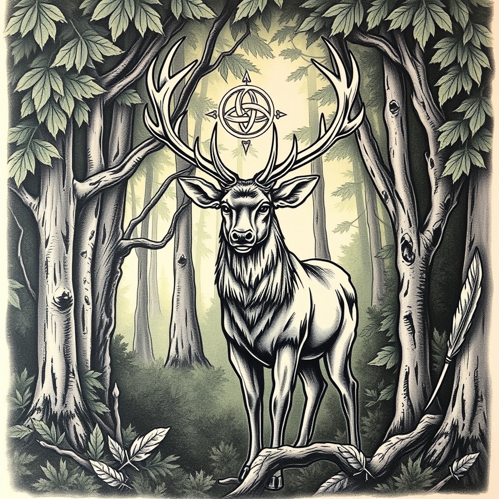 A tattoo design of A majestic Stag in a dense, lush forest with Celtic symbolism - Triskeles, tiple celtic knots. There is also some smaller details e.g. thorny branches, fallen feathers. looking to symbolise growth, and strength following periods of shame, regret and a mental health issues following a difficult time in my life in the style of realistic. - celtic wildlife tattoo design generated by AI tattoo generator