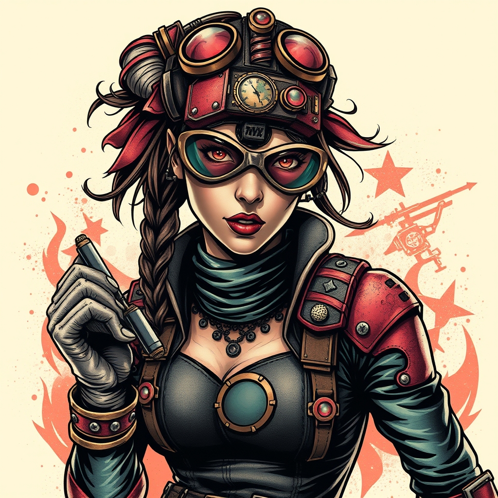 A tattoo design of Steampunk superhero girl who is dangerous in the style of realistic. - steampunk tattoo design generated by AI tattoo generator