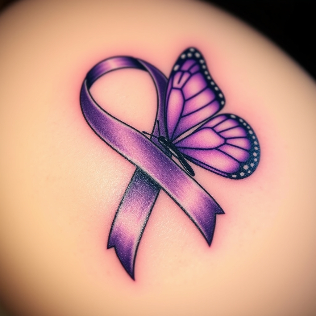 A tattoo design of Domestic violence ribbon awareness inclined together with a purple butterfly in the style of realistic. - awareness ribbon tattoo design generated by AI tattoo generator