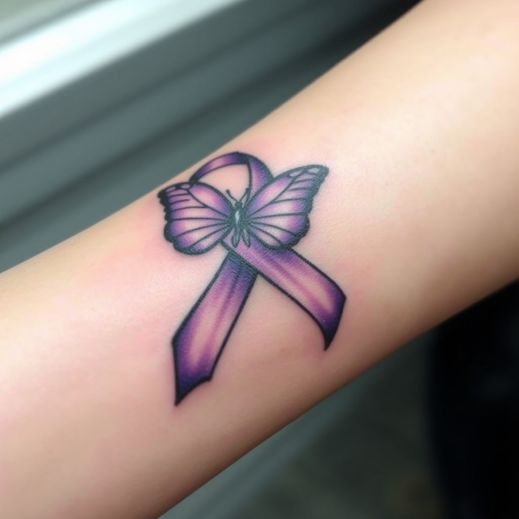 A tattoo design of Domestic violence ribbon awareness inclined together with a purple butterfly in the style of abstract. - awareness ribbon tattoo design generated by AI tattoo generator