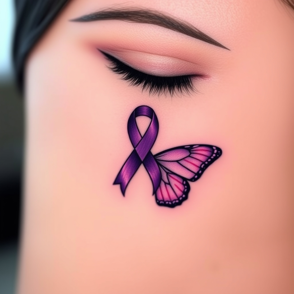 A tattoo design of A tear running down a woman's face with a domestic violence ribbon and a purple butterfly entwined together in the style of minimalist. - domestic violence awareness tattoo design generated by AI tattoo generator
