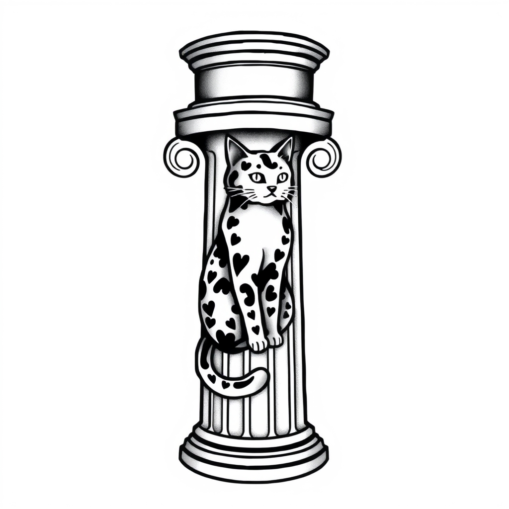 A tattoo design of Greek pillar with a cat in the style of traditional. - architecture tattoo design generated by AI tattoo generator
