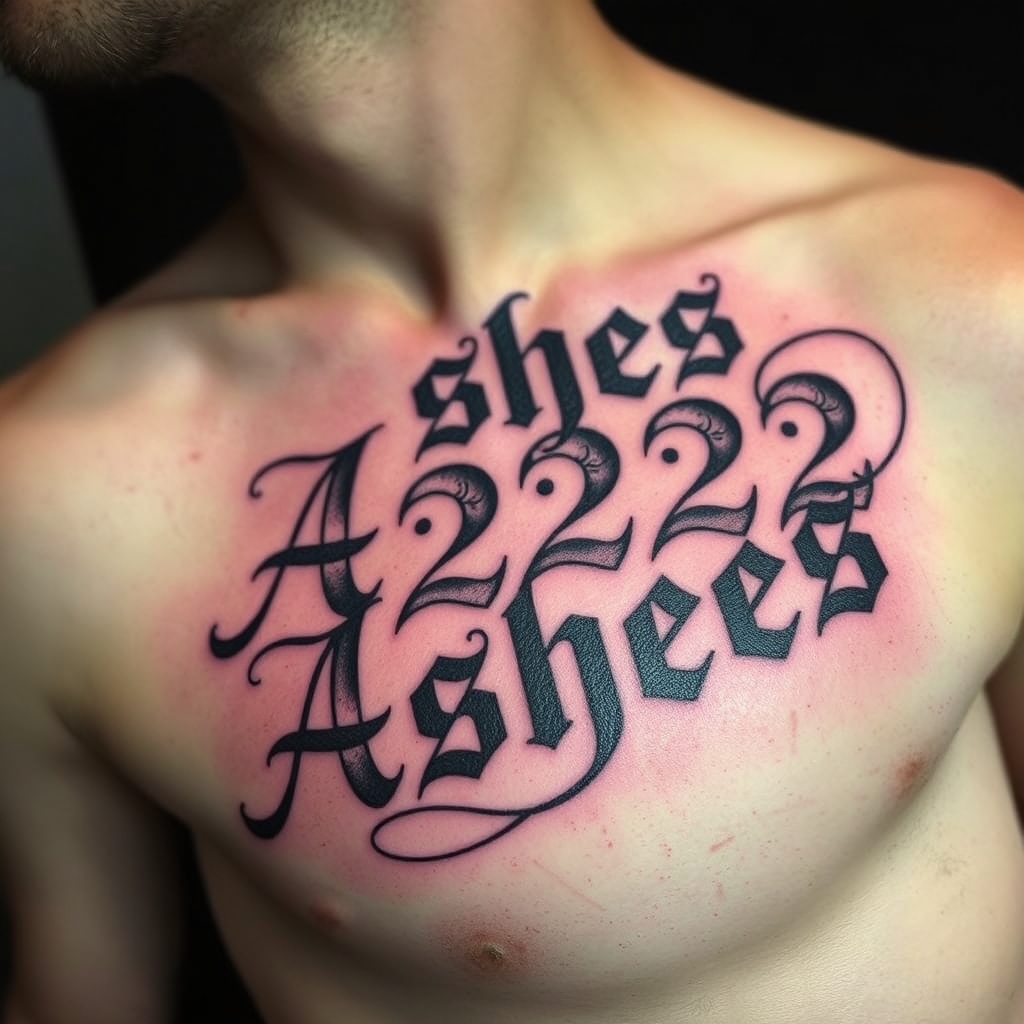A tattoo design of Words "Ashes 222 Ashes" on right pectoralis in the style of surrealistic. - text design tattoo design generated by AI tattoo generator