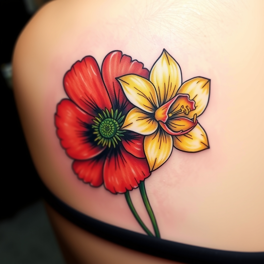 A tattoo design of create a tattoo of a poppy and narcissus flower next to each other in one in the style of realistic. - flowers tattoo design generated by AI tattoo generator