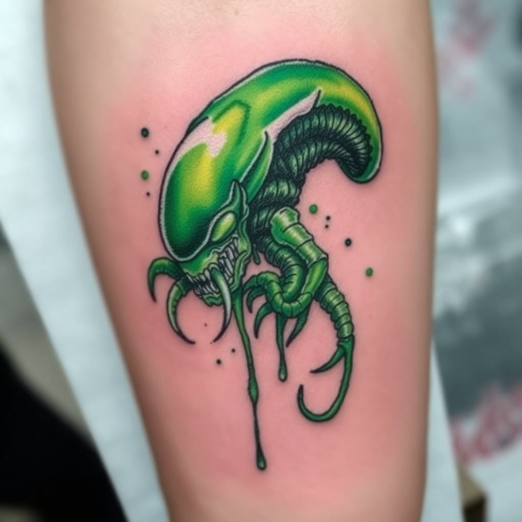 A tattoo design of Small violent xenomorph with green acid dripping in the style of watercolor. - alien creature tattoo design generated by AI tattoo generator