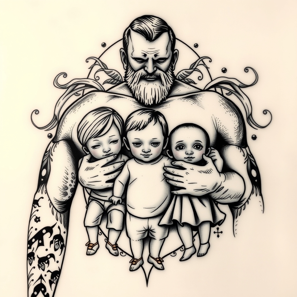 A tattoo design of A father protecting his 3 kids in the style of blackwork. - family tattoo design generated by AI tattoo generator
