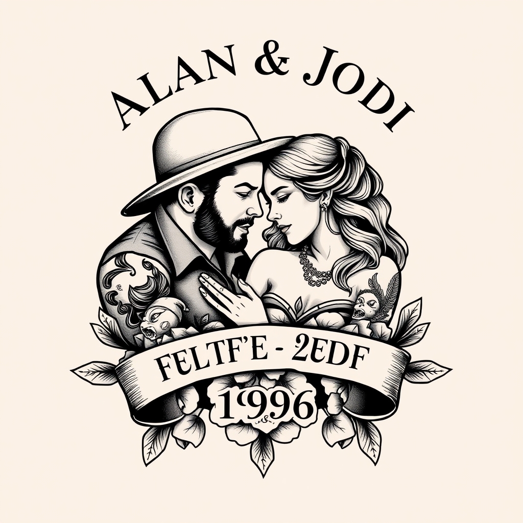 A tattoo design of Alan & Jodi established 1996 in the style of realistic. - relationship tattoo design generated by AI tattoo generator