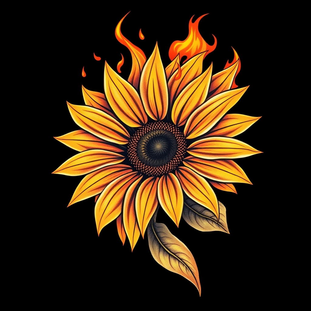 A tattoo design of A sunflower with fire  in the style of realistic. - flowers tattoo design generated by AI tattoo generator