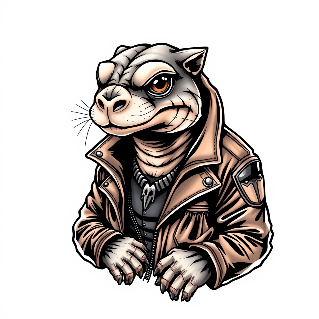 A tattoo design of mole animal wearing motorcycle jacket in the style of realistic. - animal tattoo tattoo design generated by AI tattoo generator