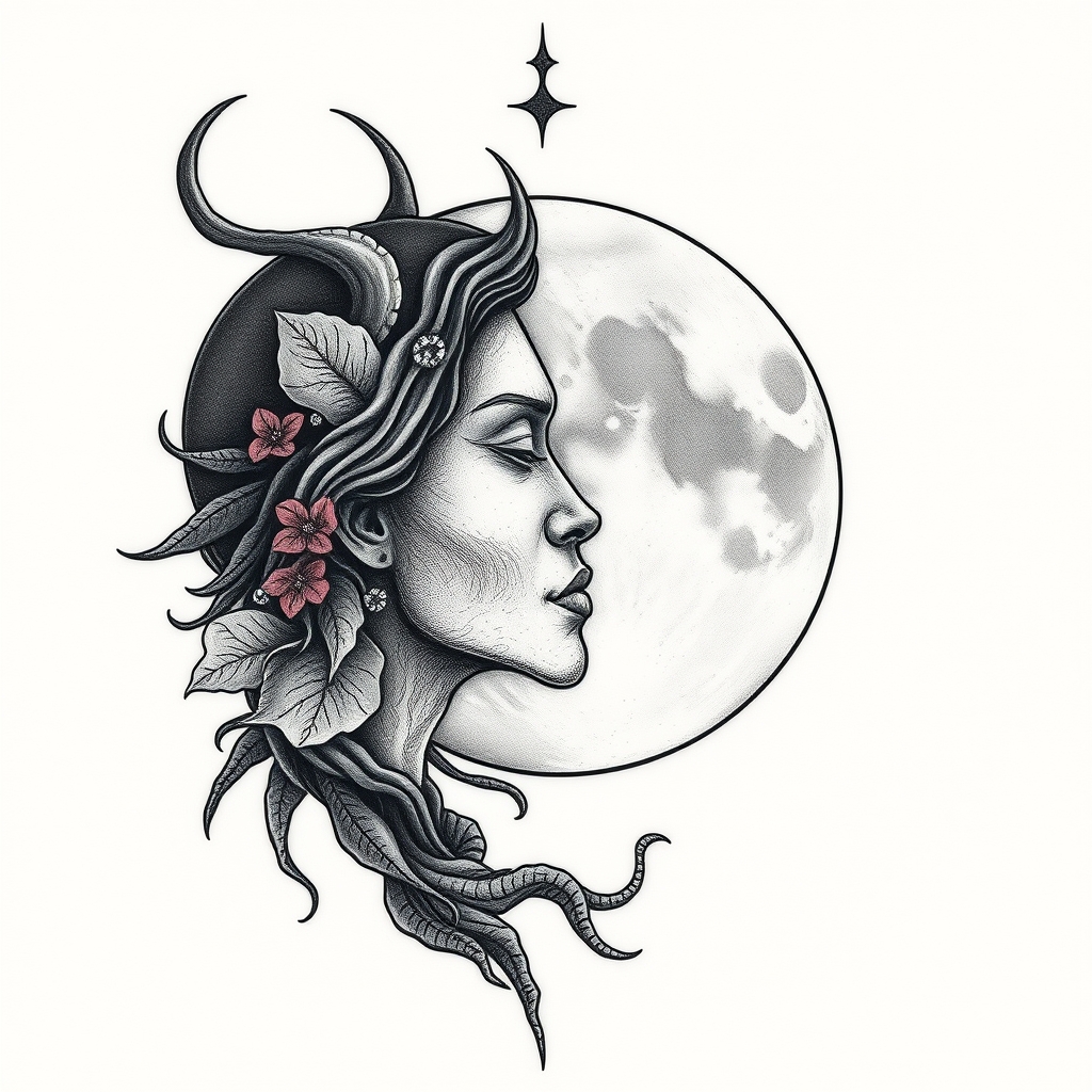 A tattoo design of ♋ cancer man june side of the moon 🌚 in the style of surrealistic. - zodiac sign tattoo design generated by AI tattoo generator