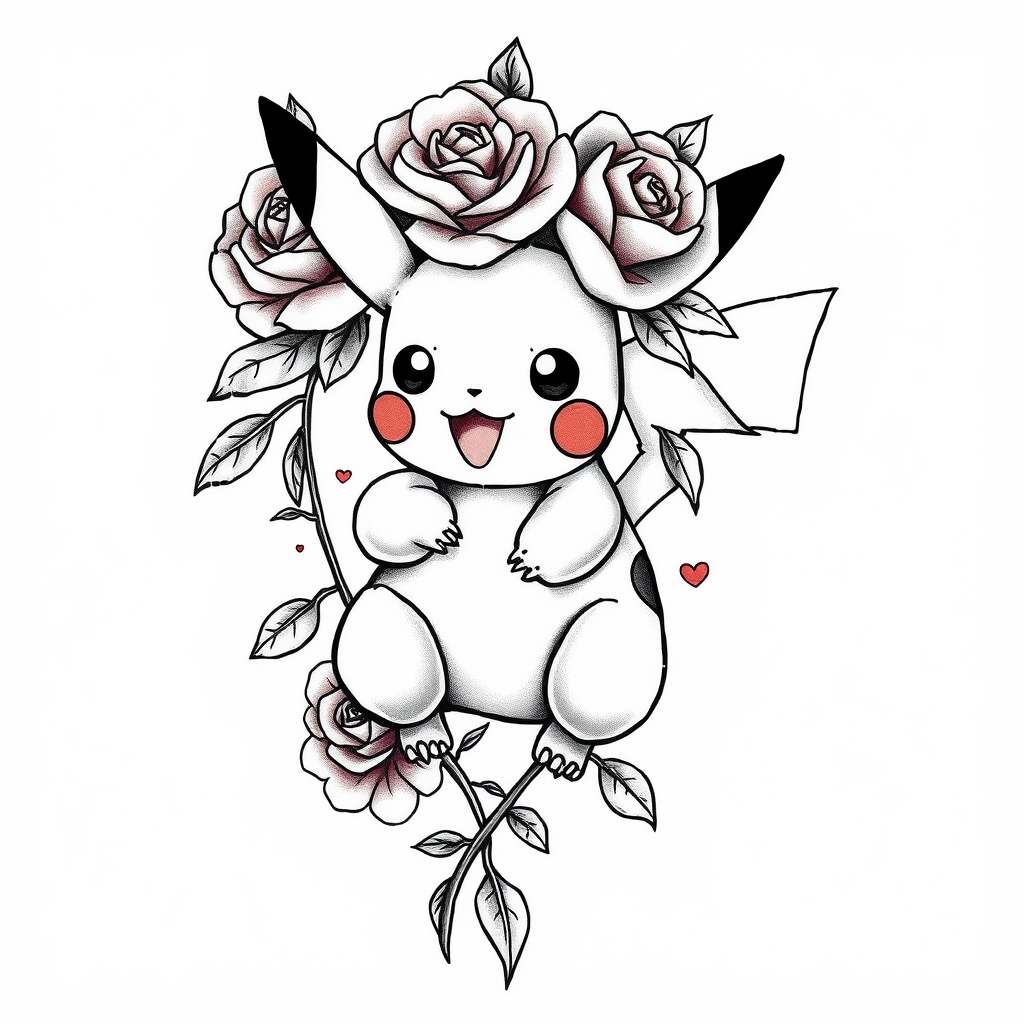 A tattoo design of CUBONE POKEMON WITH ROSES in the style of traditional. - pokemon tattoo design generated by AI tattoo generator