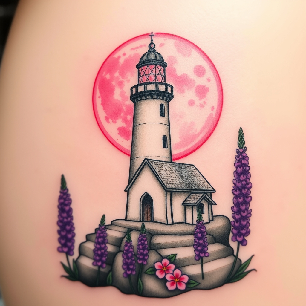 A tattoo design of lighthouse beside a chapel with a pink moon an purple lupines in the style of watercolor. - landmarks nature tattoo design generated by AI tattoo generator
