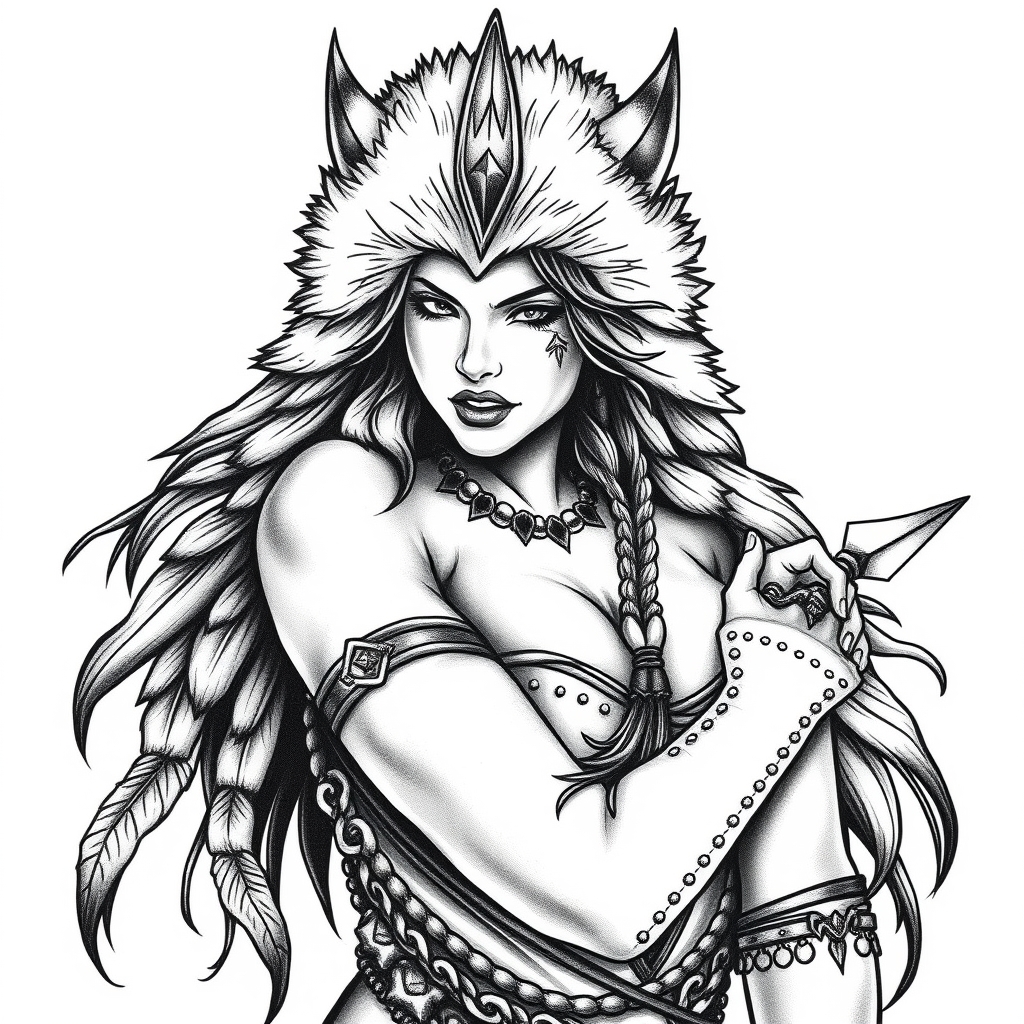 A tattoo design of Pin up fur covered northern warrior goddess in the style of realistic. - mythological figure tattoo design generated by AI tattoo generator