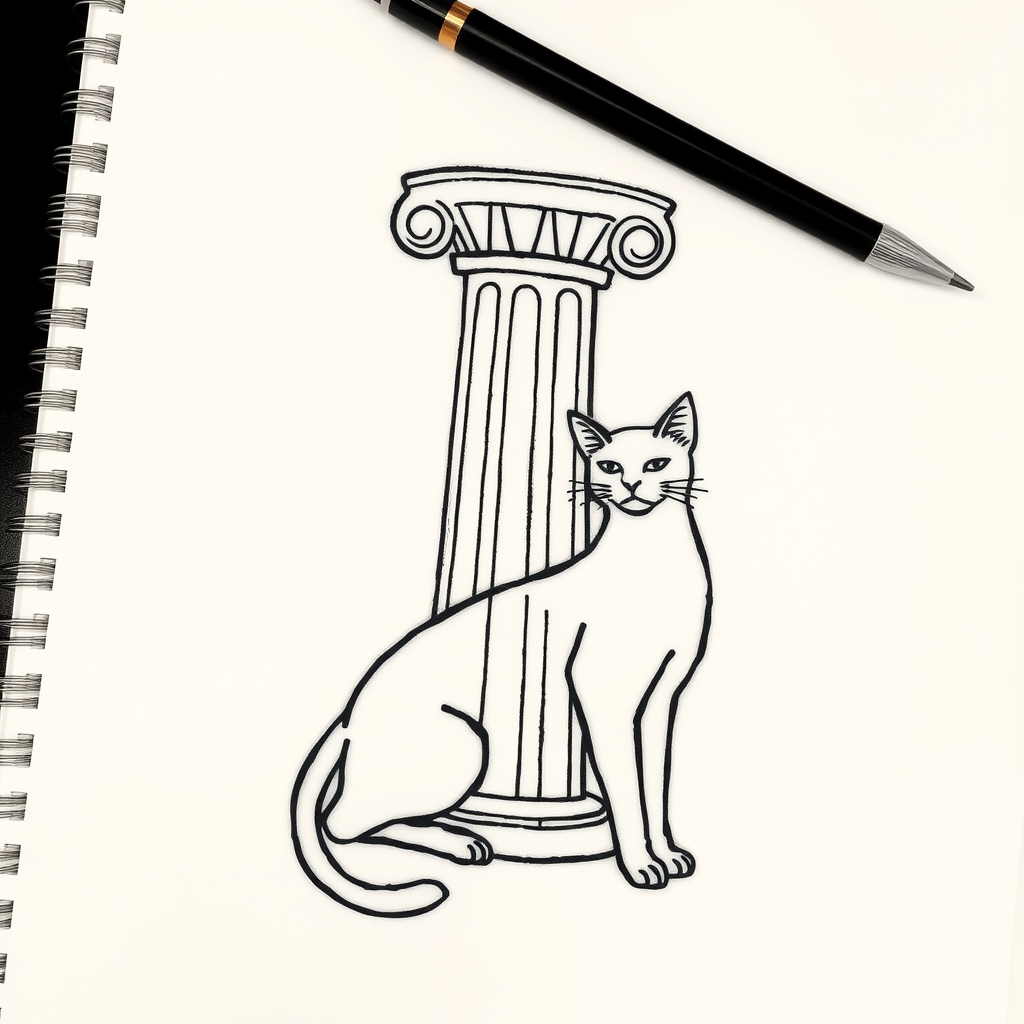 A tattoo design of Simple lined Greek pillar with a sleek cat stretching next to it  in the style of blackwork. - mythology architecture tattoo design generated by AI tattoo generator