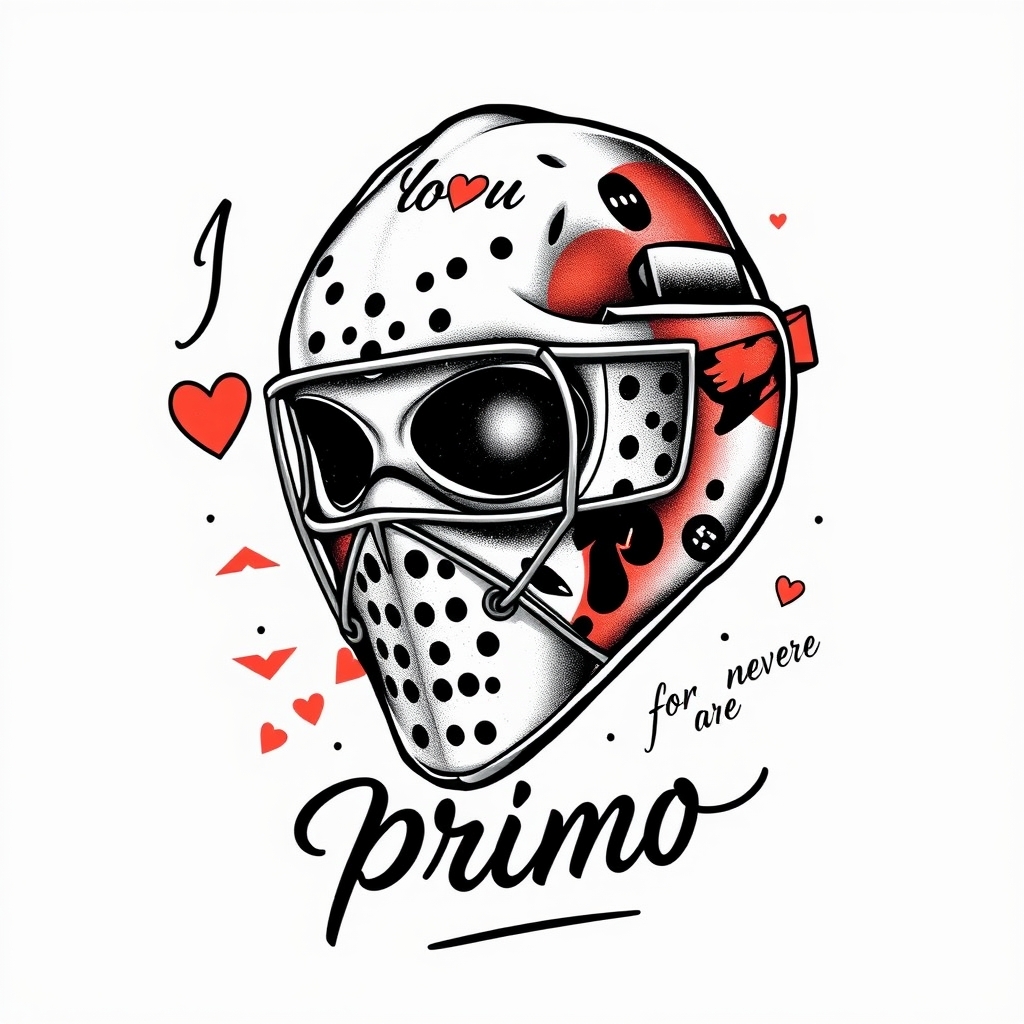 A tattoo design of Bernie parent philadelphia flyers goalie mask with the phrase " I love you" " never give up " and the name " primo " in the style of realistic. - sports team logo tattoo design generated by AI tattoo generator